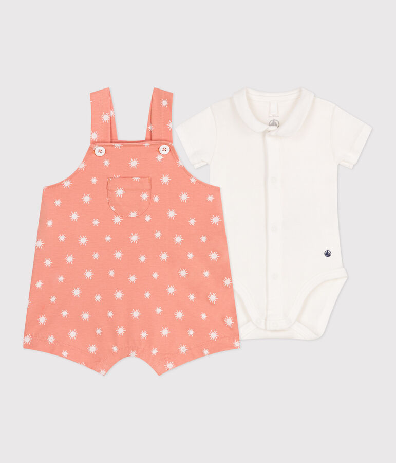 Conjunto de peto de algod&oacute;n con estampado de soles y body para reci&eacute;n nacido naranja/blanco