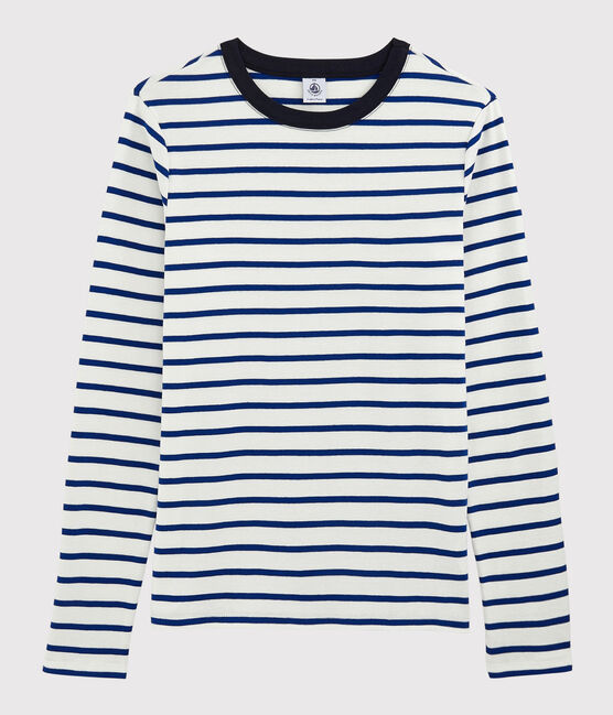 Camiseta de cuello redondo emblemática de algodón de mujer blanco MARSHMALLOW/azul SURF