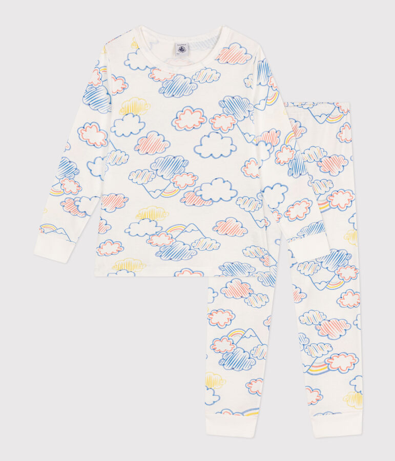 Pijama estampado infantil con motivo de nube y arco&iacute;ris de algod&oacute;n blanco/multicolor