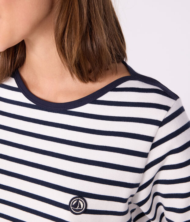Camiseta marinera de mujer de algod&oacute;n grueso larga blanco/azul
