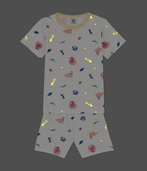 Pijama corto fosforescente de algodón para niño/niña blanco MARSHMALLOW/blanco MULTICO