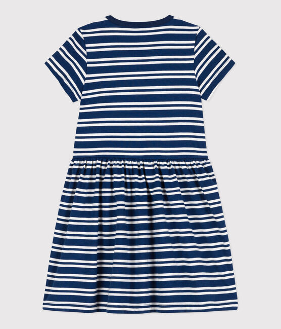 Vestido de manga corta de algodón a rayas para niña azul MEDIEVAL/blanco MARSHMALLOW