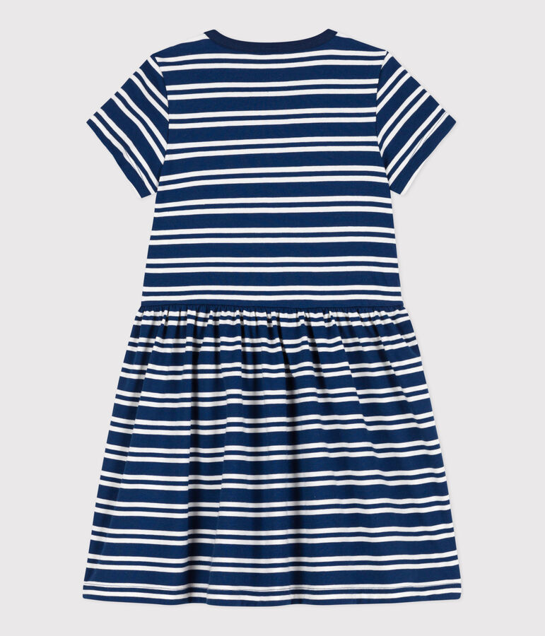 Vestido de manga corta de algod&oacute;n a rayas para ni&ntilde;a azul/blanco