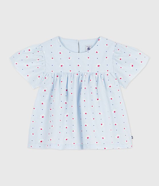 Blusa infantil de manga corta de popelina de algodón estampada azul FRAICHEUR/blanco MULTICO