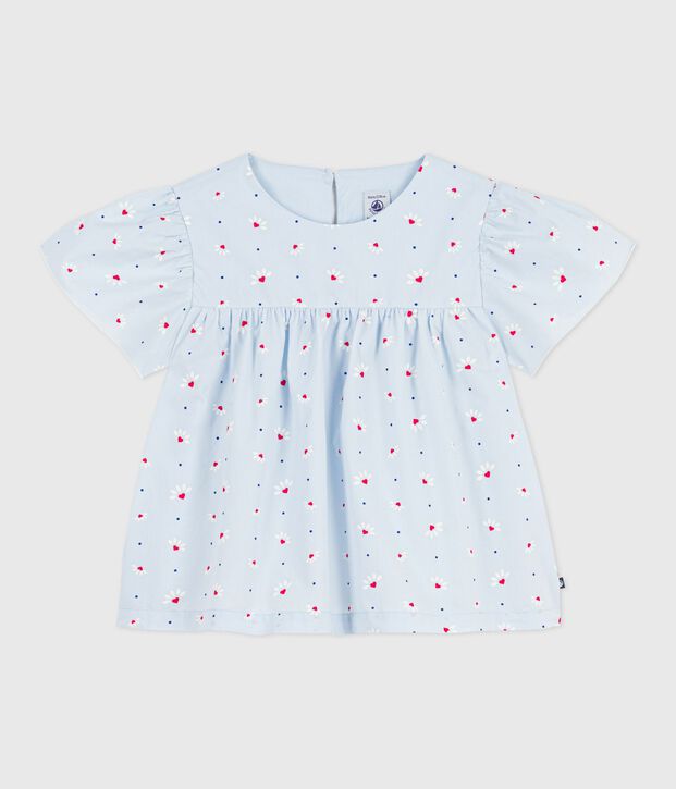 Blusa infantil de manga corta de popelina de algod&oacute;n estampada azul/multicolor
