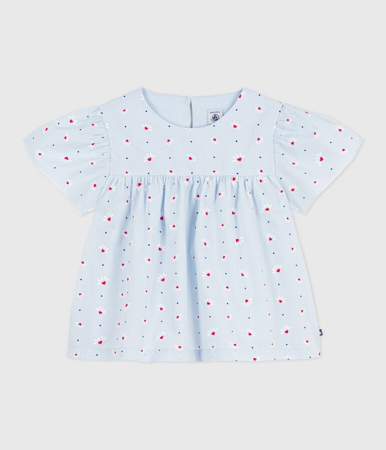 Blusa infantil de manga corta de popelina de algod&oacute;n estampada azul/multicolor