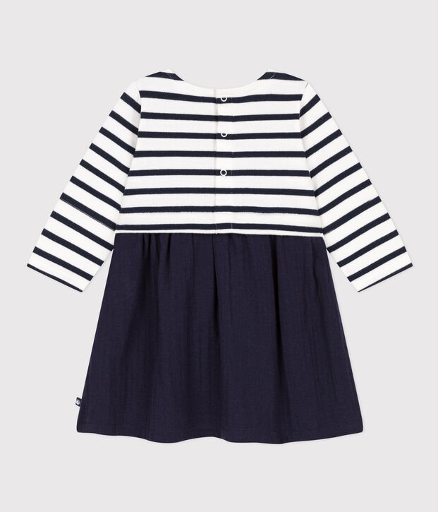 Vestido de dos materiales de manga larga de beb&eacute; azul/blanco