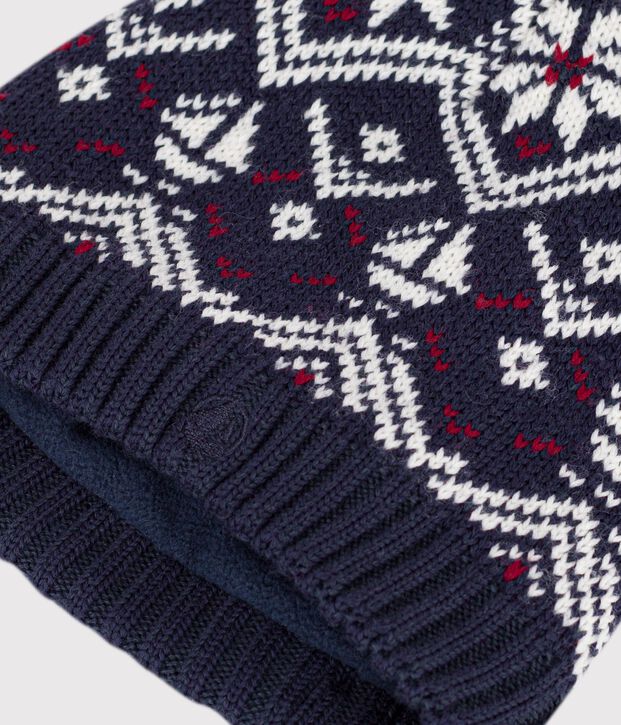 Gorro jacquard de lana y algod&oacute;n infantil con forro polar azul/crudo/rojo