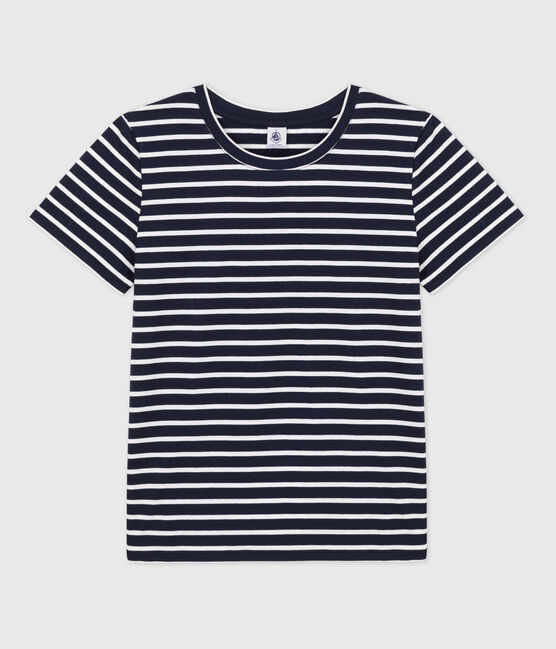 La camiseta RECTA de algodón con cuello redondo para mujer azul SMOKING/blanco MARSHMALLOW