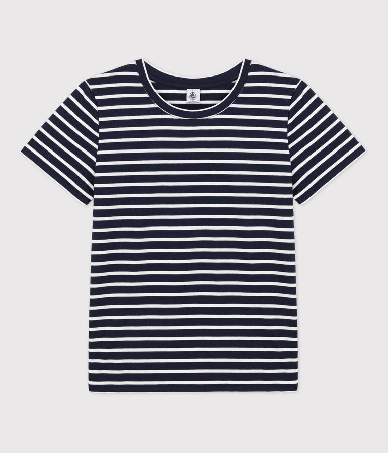 La camiseta RECTA de algod&oacute;n con cuello redondo para mujer azul/blanco