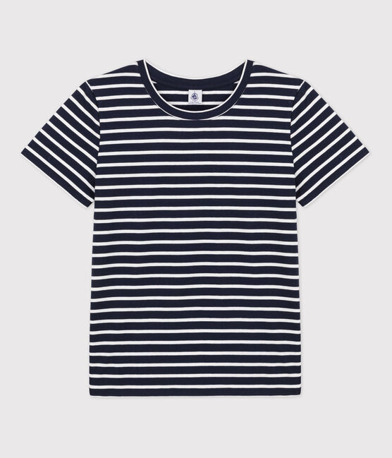 La camiseta RECTA de algodón con cuello redondo para mujer azul SMOKING/blanco MARSHMALLOW