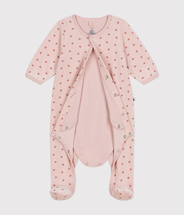 Bodyjama de terciopelo con estampado de peque&ntilde;os corazones para beb&eacute; rosa/rosa