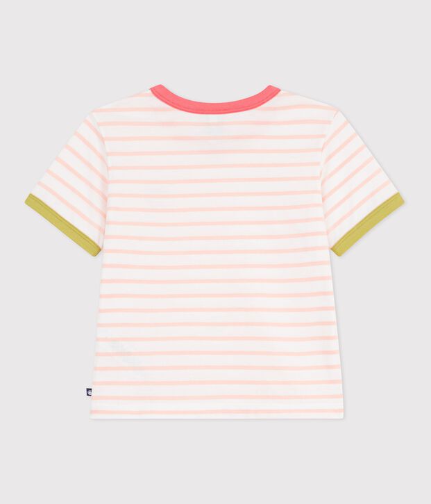 Camiseta infantil de manga corta de algod&oacute;n a rayas rosa/naranja