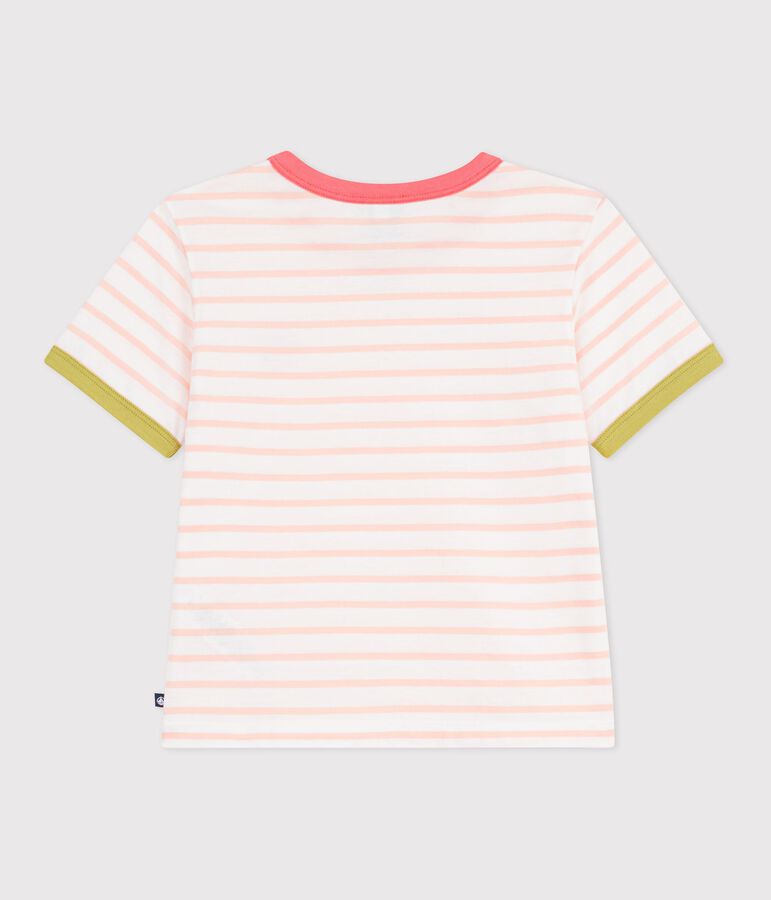 Camiseta infantil de manga corta de algod&oacute;n a rayas blanco/naranja