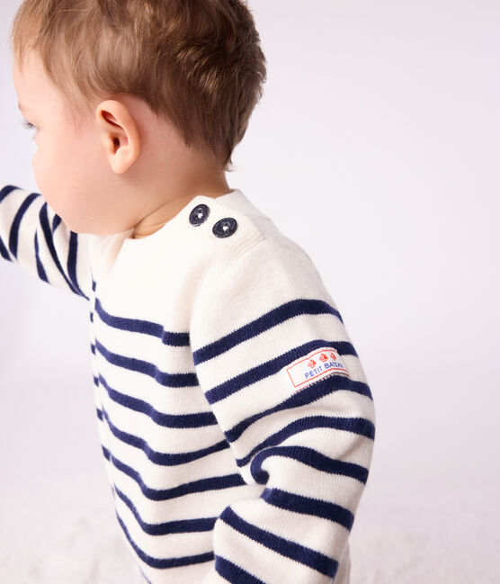 Jersey de lana y algodón con rayas marineras para bebé azul MARSHMALLOW/ SOIR