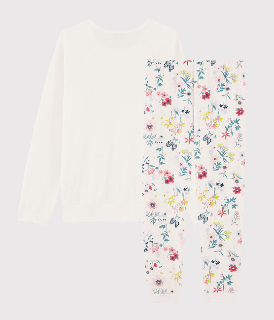Pijama de chica - mujer con flores de dos materiales blanco MARSHMALLOW/blanco MULTICO
