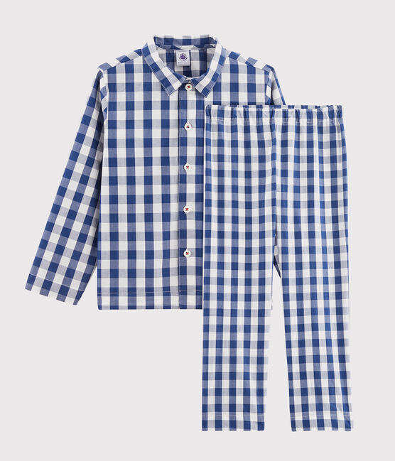 Pijama de cuadros en sarga de niño azul MEDIEVAL/blanco MARSHMALLOW