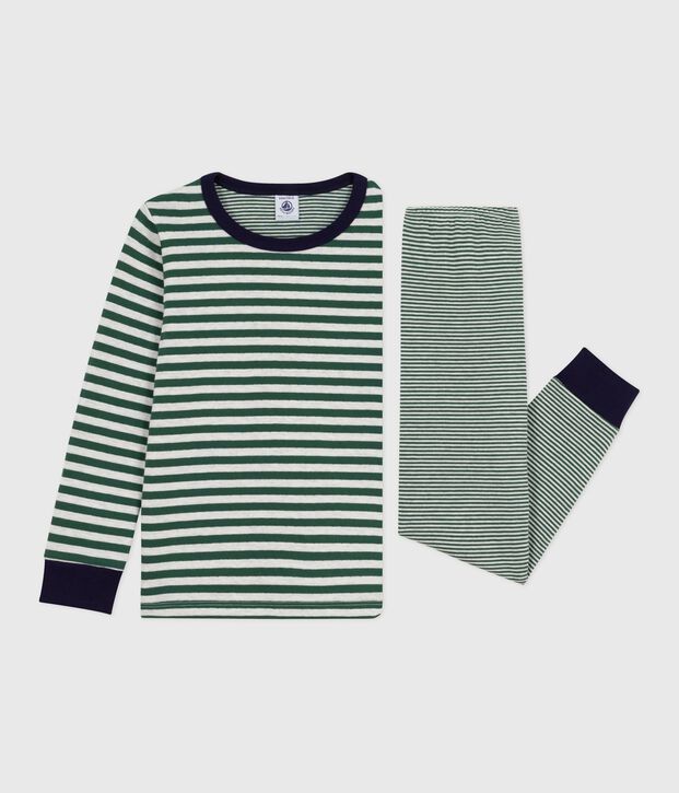 Pijama infantil de t&uacute;bico a rayas verde/beige