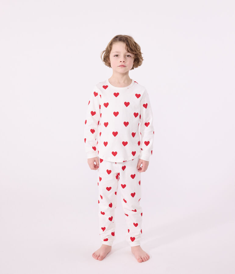 Pijama infantil de ni&ntilde;o con corazones de punto blanco MARSHMALLOW/rojo TERKUIT