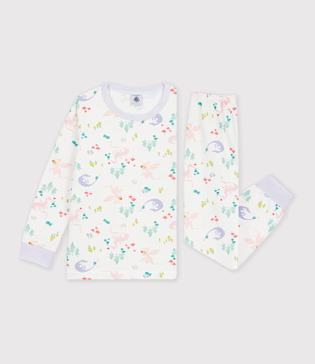 Pijama infantil de mulet&oacute;n con estampado de dragones blanco/multicolor
