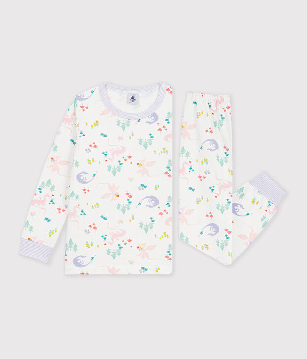 Pijama infantil de mulet&oacute;n con estampado de dragones blanco/multicolor