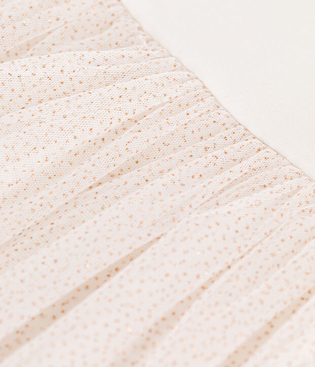 Vestido infantil de manga corta de algod&oacute;n y tul blanco/rosa