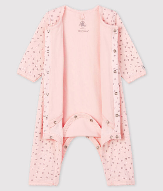 Bodi pijama sin pies con pequeñas estrellas de bebé niña de algodón orgánico rosa FLEUR/gris CONCRETE