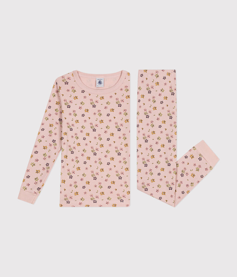 Pijama infantil ajustado de algod&oacute;n con estampado de flores rosa/blanco