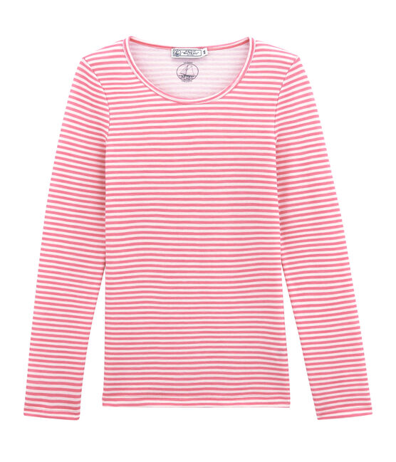 Camiseta de manga larga de algodón y lana para mujer rosa CHEEK/blanco MARSHMALLOW