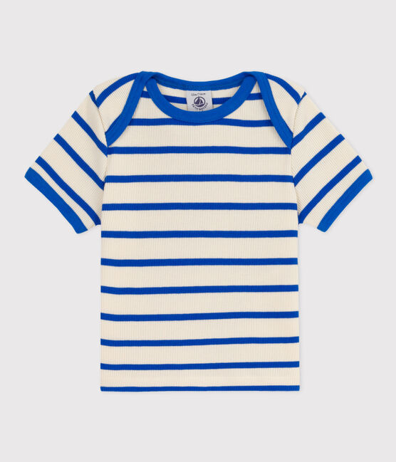Camiseta de manga corta de punto de canalé a rayas para bebé azul AVALANCHE/blanco PERSE