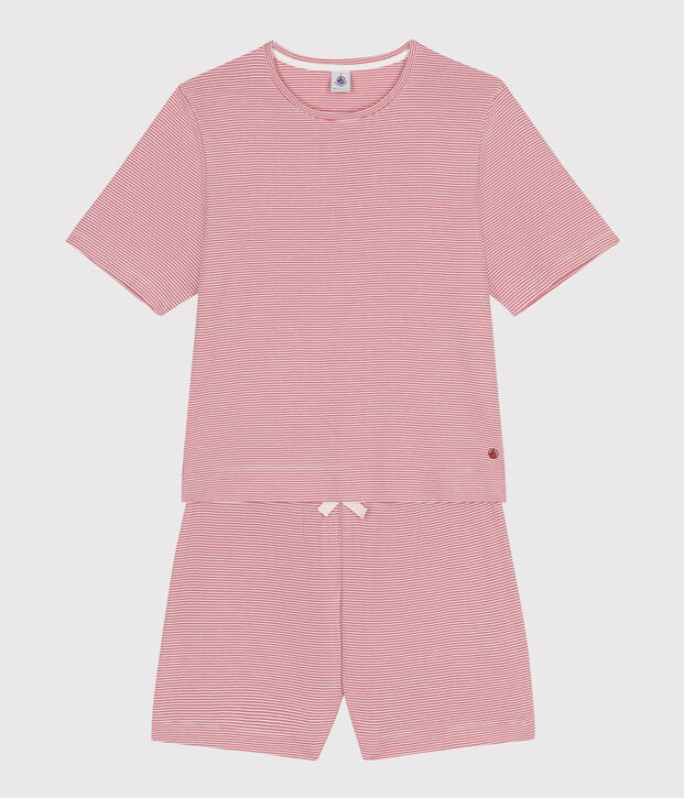 Pijama corto de algod&oacute;n a rayas para mujer rosa/blanco