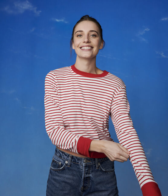 Camiseta marinera de algodón de mujer blanco MARSHMALLOW/rojo TERKUIT