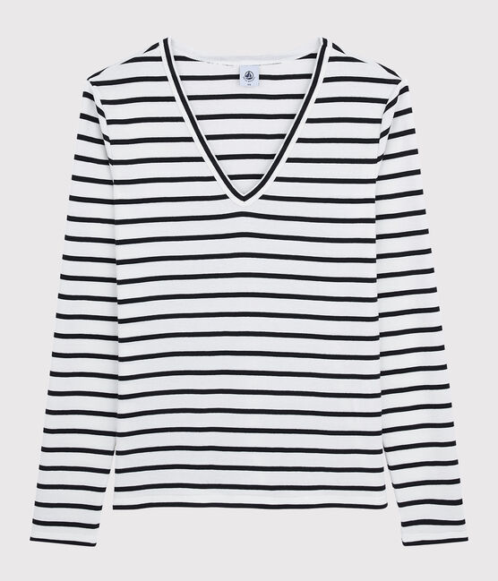Camiseta de cuello de pico emblemática de algodón a rayas de mujer blanco MARSHMALLOW/azul SMOKING