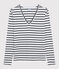 Camiseta de cuello de pico emblemática de algodón a rayas de mujer blanco MARSHMALLOW/azul SMOKING