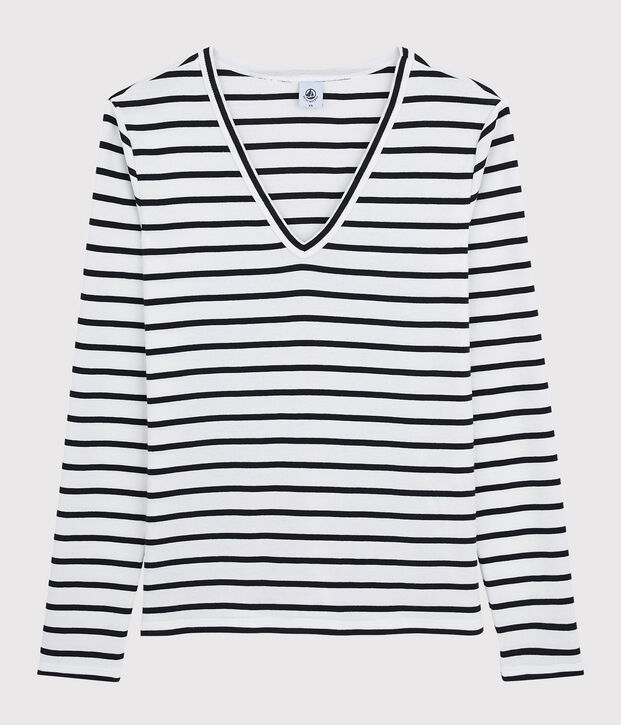 Camiseta de cuello de pico emblem&aacute;tica de algod&oacute;n a rayas de mujer blanco/azul