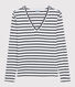 Camiseta de cuello de pico emblemática de algodón a rayas de mujer
