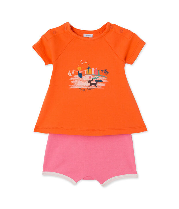 Conjunto de camiseta y short para beb&eacute; ni&ntilde;a naranja/rosa