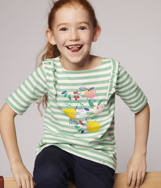 Camiseta de manga corta de punto de niña verde ALOEVERA/blanco MARSHMALLOW