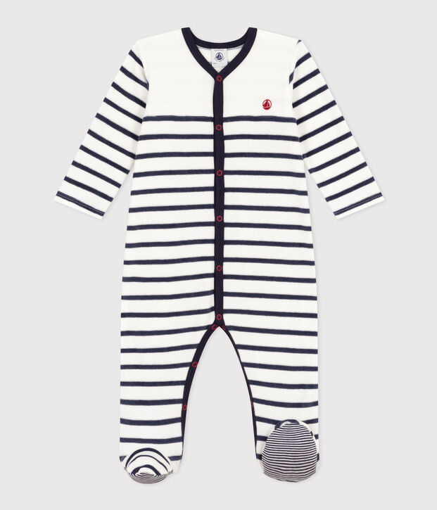 Pijama de terciopelo a rayas para beb&eacute; blanco/azul