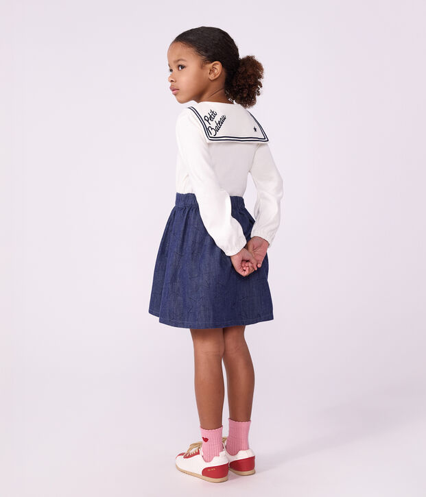 Falda corta de tejido denim liso con estampado de estrellas azul
