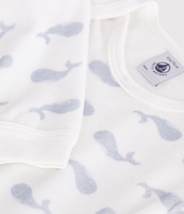 Pijama de terciopelo con estampado de ballena y abertura sin botones de presi&oacute;n para beb&eacute; blanco/azul