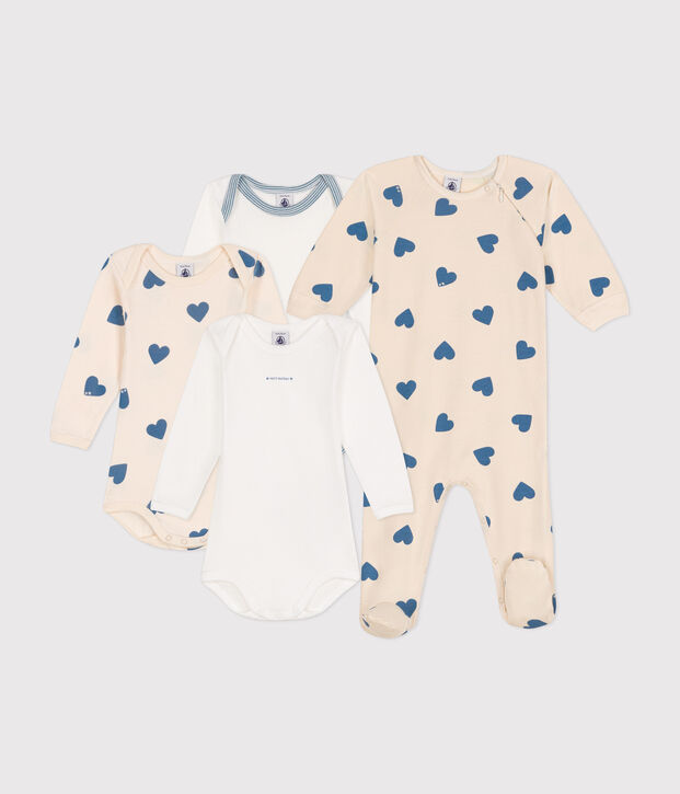 Estuche de pijama y 3 bodis con corazones azules para beb&eacute; multicolor
