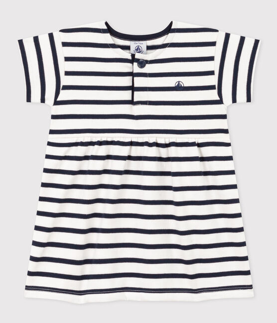 Vestido de manga corta de punto grueso a rayas para bebé blanco MARSHMALLOW/azul SMOKING