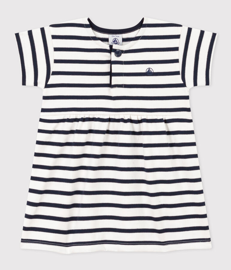 Vestido de manga corta de punto grueso a rayas para beb&eacute; blanco MARSHMALLOW/azul SMOKING