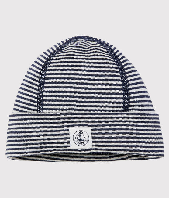 Gorro de recién nacido antiondas de punto de jersey de doble cara azul SMOKING/blanco ECUME