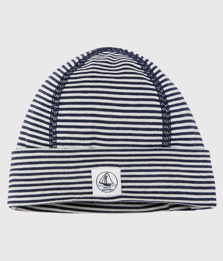 Gorro de reci&eacute;n nacido antiondas de punto de jersey de doble cara azul/blanco