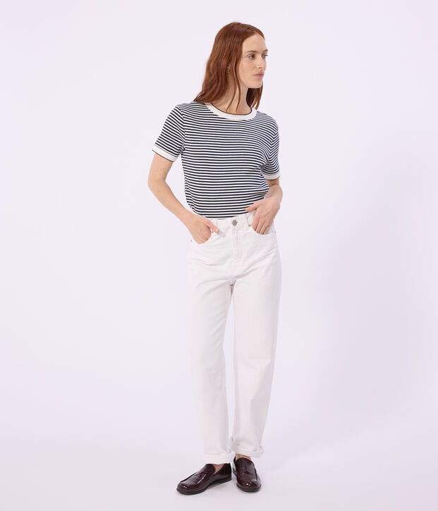 Camiseta de algod&oacute;n de manga corta a rayas para mujer azul/blanco