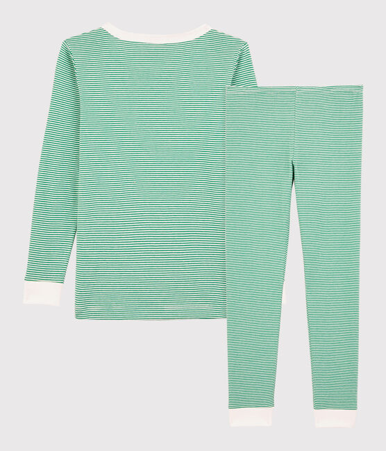 Pijama snugfit a rayas verdes de algodón orgánico de niño verde GAZON/blanco MARSHMALLOW