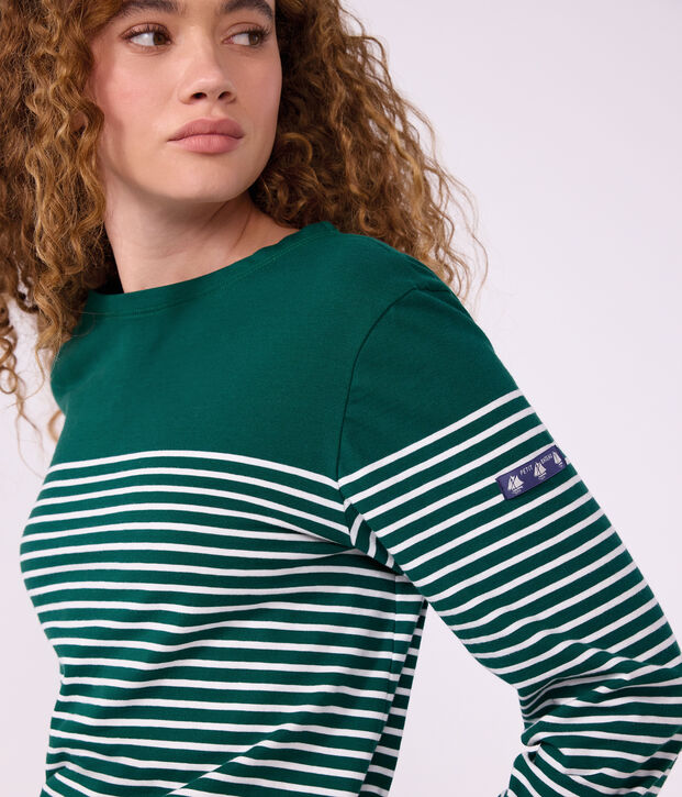 Camiseta marinera de algod&oacute;n para mujer verde/blanco