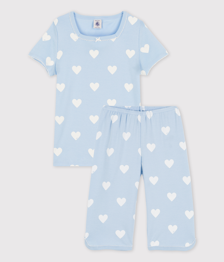 Pijama corto azul de coraz&oacute;n de algod&oacute;n ecol&oacute;gico de ni&ntilde;a azul/blanco